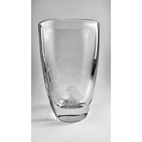 Vintage Strombergshyttan Lead Crystal Vase 8" Couple With Umbrella and Tree - Picture 1 of 5